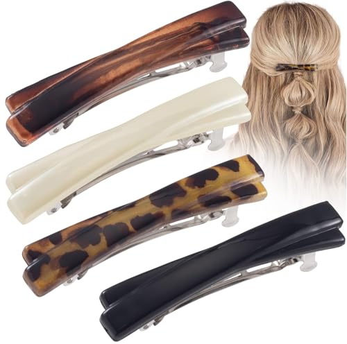 Yeomju Lot de 4 barrettes à cheveux pour femme - Petite écaille de tortue - Courbées brillantes et fines - Accessoires de cheveux plats pour femme (noir, blanc, léopard, ambre)