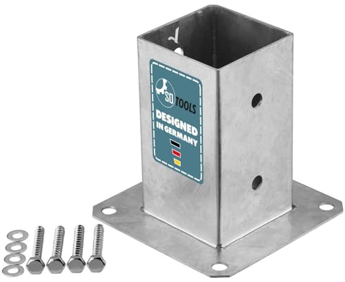 SOTOOLS Bodenhülse, 80 x 80 mm, feuerverzinkt, für Vierkantpfosten | Bodenhülse und Pfostenträger mit Bodenplatte zum Aufschrauben.