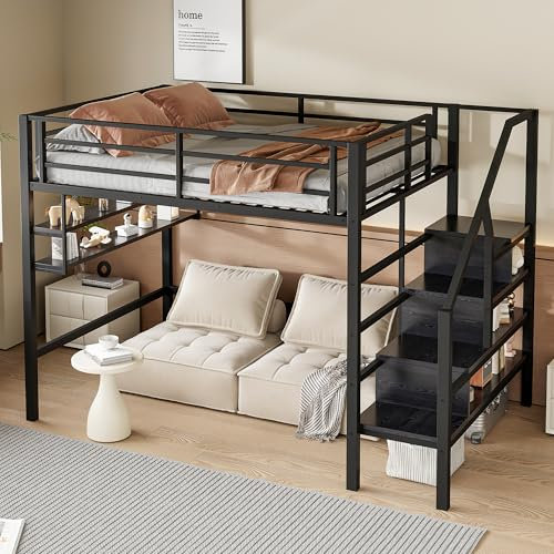 YESGIGA Hochbett, 140x200cm, Kleiderschrank, Regale, Ablageleiter, Schreibtisch, ohne Matratze (Schwarz ohne Schreibtisch)