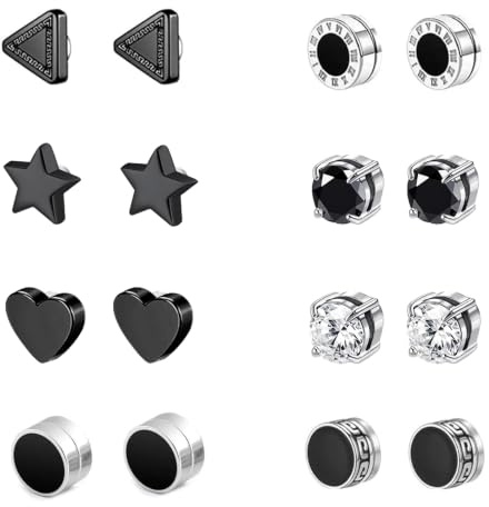 Hernin 8 Paires Boucles d'Oreilles Magnétiques Fausse 8MM Boucle Aimantée en Acier Inoxydable Magnétiques Aimantée Ensemble Boucles d'Oreilles (Noir+Argent#2)