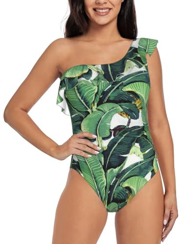 MLTRFGJ Tropische Bananen-Palmenblätter-Druck, eine Schulter, Rüschen-Badeanzüge, hochelastischer, nylonähnlicher Stoff, schmeichelhaftes Design für Damen, Schwarz , XXL