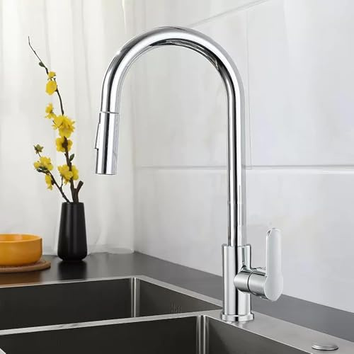 Djedjeo Robinet amovible rétractable pour cuisine, robinet pivotant à 360° pour cuisine, mélangeur de cuisine 2 modes en acier inoxydable, robinet d'évier de cuisine (brossé)