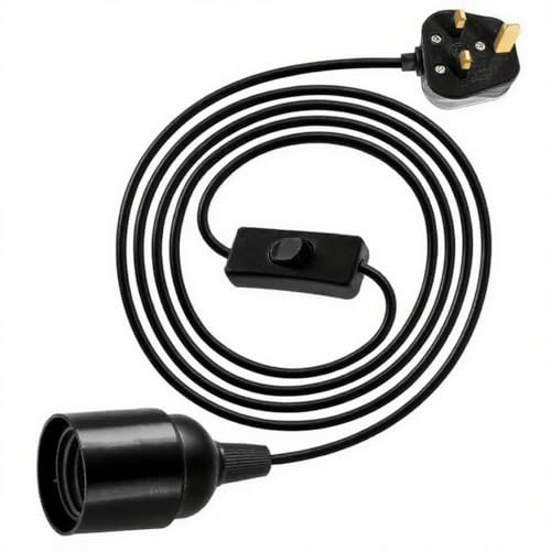 E27 Plug in Pendant Light, 1.8m(5.9ft) Lamp Cable Plug in Ceiling Light, 2 Core Cable Plug with On/Off Switch with 13A Fuse, Pendant Light Ceiling Lighting Fitting for Creating an Atmosphere, Black