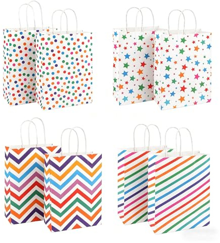 12 Stück Geschenktüten Kindergeburtstag Bunt, 21x15x8cm Klein Papiertüten | Kraftpapier, Regenbogen Mitgebsel Tüten mit Henkel, für Geburtstag Kinder Giveaways Hochzeit Party