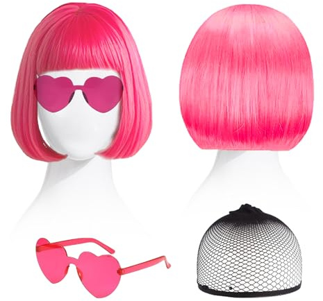 SAIIURV 3 Stücke Bob Perücke Wig Cabaret Pagenkopf Pagen Charleston, Synthetische Neon Perücke Frauen Bob Wig mit Neonbrille und Haarnetz, Perücken für Karneval Fasching Motto Party Themenparty (Rosa)