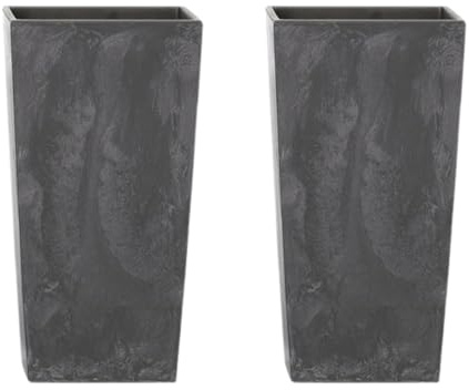 Planters Pride Tallo 2-Pack 51cm Tall Square Plastic Planters with Insert, Anthracite | 11/26.6L Self-Watering Large Patio Pots Outdoor/Indoor | Beton-Effect Flared Balcony Planters, House Plant Pots
