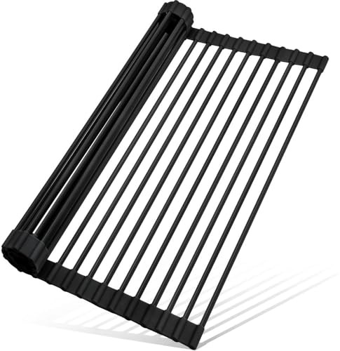 20.5X 13 Inch Roll Up Dish Drying Rack - Silicone Wrapped, Heat and Rust Resistant, Foldable Sink Dish Drying Mat, Multi-Purpose, Large, Black
