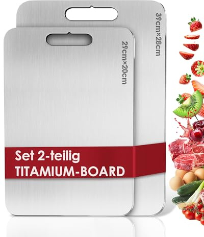 Titan Schneidebrett Set 2-teilig – BPA-frei S316 Edelstahl mit Titanium-Beschichtung, doppelseitig verwendbar für Fleisch, Brot, Gemüse und Obst