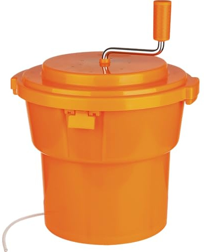 MUVELL Centrífuga para Lechuga 25 litros, plástico Naranja, Ø 44 cm con Eje de transmisión Protegido, función de empaquetado y Manguera de desagüe, gastronomía, restaurantes escurridor de Ensalada