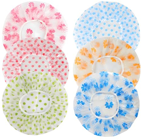 6Pcs Reusable Shower Caps Adjustable Elastic Band Waterproof Bath Hat | Bread proofing bowl cover, food canned preservation, salon spa hair mask, stretch fit headwear
