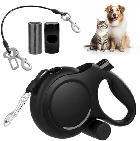 Hundkoppel 8 m, infällbara hundkoppel, rullkoppel för hundar, rullkoppel med bajspåshållare, med bettbeständigt stålrep, halksäkert handtag och snabbbromsknapp, för träning, för hundar upp till 50 kg