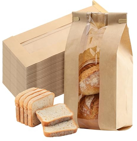 CHEUKYIU 100 Bolsas de Papel Kraft para Pan con Ventana - 30x12x9 cm - Color Marrón Claro - Bolsas de Fondo de Bloque para Panadería, Bollería, Galletas y Alimentos