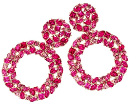 FOMIYES Pendientes Decorativos de Mujer Pendientes de Gemas de Imitación Redondos Color Rosa Fucsia Joyería para Fiesta y Uso Diario Diseño Exagerado