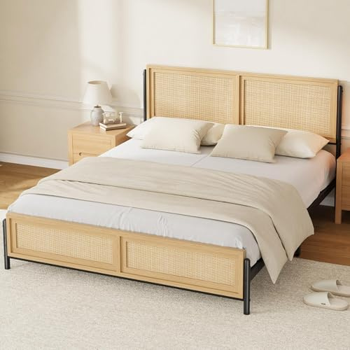 Thaookte Bettrahmen Metallbett Gästebett Bettgestell Aus Metall Mit Rattan-Kopf- Und Fußteil, Stabile Konstruktion, Leiser Und Einfacher Aufbau, Großer Stauraum, Ohne Boxspring, Naturholzfarbe
