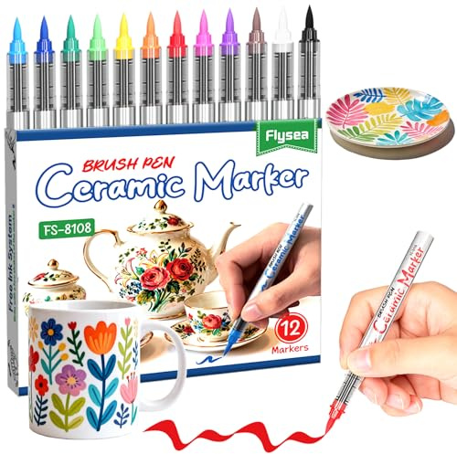 Alitastro 12 Colors Porcelain Pens 1-8mm Fade Resistant Ceramic Markers | Brush Tip, Waterproof Ceramic Paint Markers for Mugs, Plates & Glass, DIY Crafts, Christmas Ornaments & Wine Glass Decorating