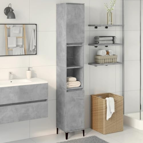 Ezbryzmatic Bathroom Cabinet, Concrete Grey, 30 x 30 x 190 cm, Chipboard Bathroom Cabinet with Doors, Standing Shelf for Bathroom, Laundry Room, Hallway, Lots of Storage Space, Iron Feet, Rust-Proof