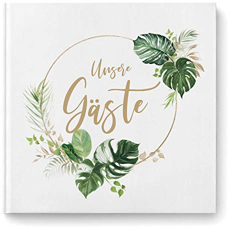 DeinWeddingshop Gästebuch zur Hochzeit mit Fragen - quadratisch, Hardcover 104 Seiten - Hochzeitsgästebuch Hochzeitsalbum Hochzeitsbuch | Monstera Leaf (Motiv - rund)