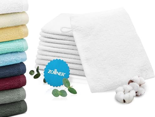 ZOLLNER 10er Set Waschhandschuhe in 16x21 cm - saugstarke und weiche Waschlappen in weiß - mit praktischem Aufhänger - waschbar bis 95°C - Baumwolle - Hotelqualität