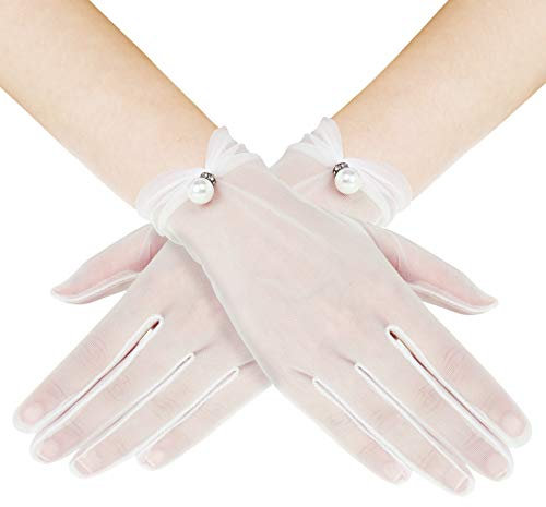 BABEYOND Coucoland Hochzeit Handschuhe Satin Dekoriert mit Lace/Perle Opera Fest Party Handschuhe Damen Fasching Kostüm Accessoires 22cm