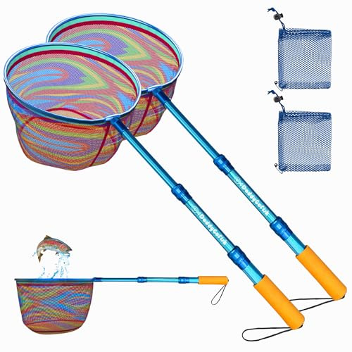 Daddy Go Fish barn fisknät – ultralätt teleskoppåse för att fånga fiskfjärilar på vattenstranden sjödamm presenter till pojkar och flickor 2-pack, blå + blå