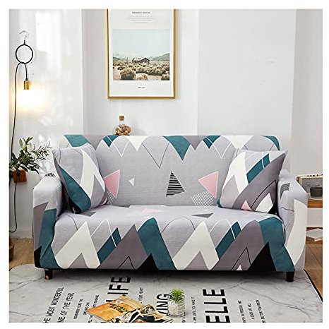 AMDXD Sofaüberwürfe 4 Sitzer, Dreieck Geometrisch Muster Sofa Stretchhusse Geeignet für 1/2/ 3/4 Sitzsofa und Ecksofa, in Polyester, Anti-Rutsch, Elastischer, Dunkelgrün Grau Rosa, Stil 9