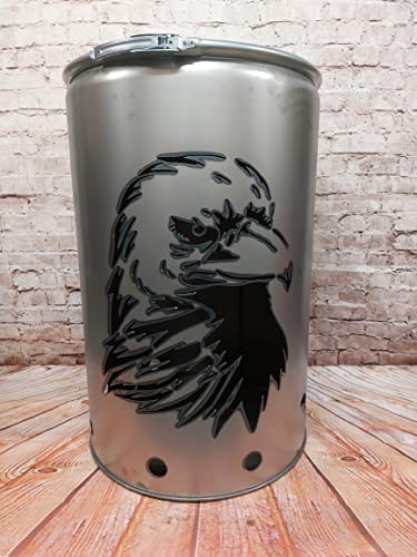 Fuchsbau Feuertonnen Feuertonne mit - Adler - Motiv - Gefertigt aus neuem Ölfass - Besondere Feuerstelle für Garten und Terrasse - Hohe Feuerschale mit Rostoptik - 90 x 60 cm