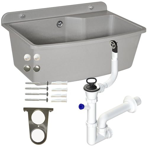 Waschbecken mit Siphon Ausgussbecken aus Kunststoff grau Granit Farbe, 61 cm Länge hängen Wasserinstallation Küche Badezimmer robuste Waschtrog