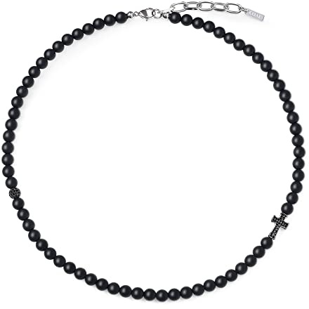 COAI Collana Unisex con Perle di Onice Opaco e Amuleto Croce