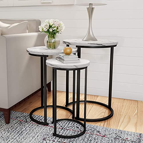 Set of 3 Round Vintage Wooden/Steel Nesting Side Coffee Tables Stacking Sofa Side, Space Saving For Home Office In Marble Look Large, Medium & Small (White)