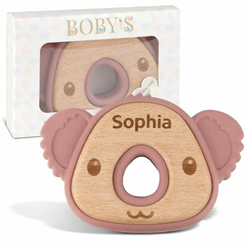 Personalisierter Beißring mit Wunschname & Gravur – Holz & Silikon, BPA-frei, Zahnungshilfe, Greifring & Babyspielzeug, personalisiertes Geschenk zur Geburt, Taufe & Babyshower
