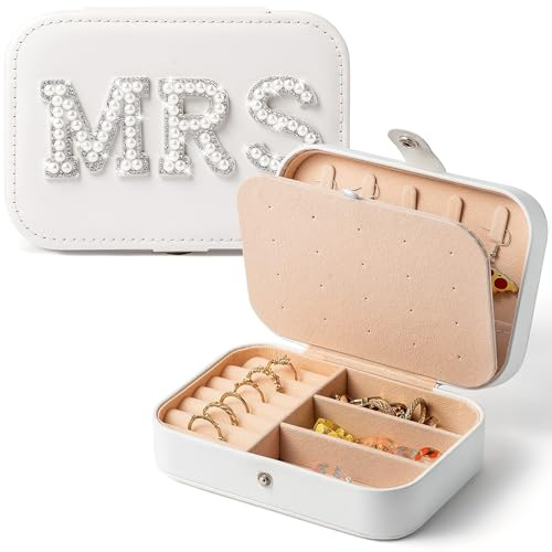 Belanttega MRS Reise-Schmuckschatulle für Braut, tragbar, kleiner Schmuck-Organizer, Reisezubehör für Frauen, Brautparty, Geschenk, Verlobungsgeschenk, Weiß