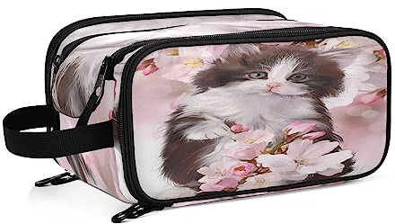 Kulturbeutel Niedlicher Katzen-Rosa-Blumen-Druck Große Kosmetiktasche Kulturtasche Waschtasche Make Up Tasche Waschbeutel Schminktasche für Damen Mädchen