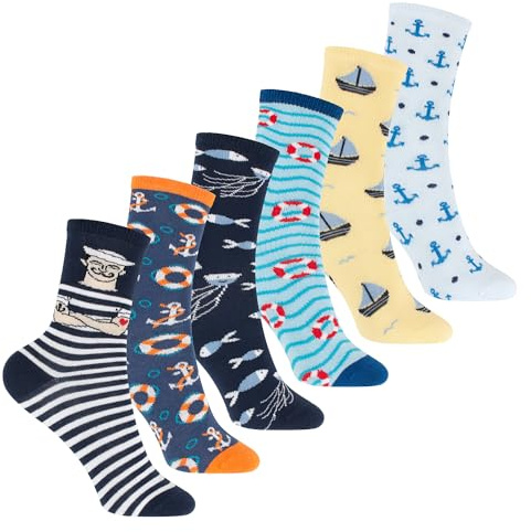 Footstar Färgglada bomullsstrumpor (6 par) med roliga motiv för flickor och pojkar, 6 par aqua (strumpor), 35-38