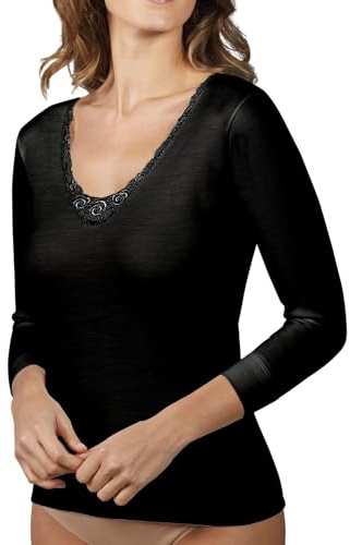VP PINUCCIO VENEGONI Set 2 Maglia Intima Donna Manica Lunga in Lana e Cotone | Intimo Termico Made in Italy, Dettaglio in Pizzo
