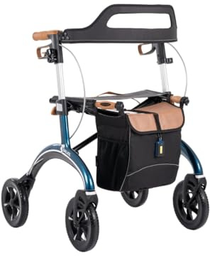 Saljol Carbon Rollator in Vollausstattung, 5,6 kg Leichtgewichtrollator mit Sitz, Rückengurt, Tasche, Stockhalter, Klingel und LED-Licht | faltbare Outdoor-Gehhilfe, Sitzhöhe 54 cm, Blau
