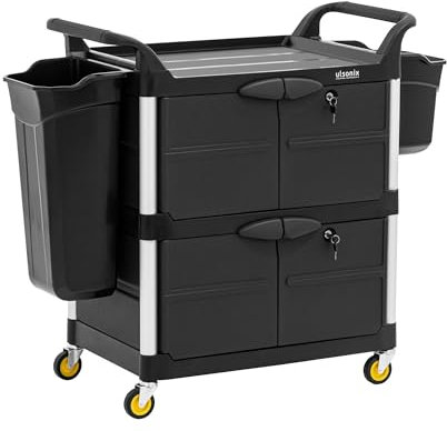 ulsonix ULX-OFPP Carrello di pulizia con serratura a 3 ripiani, portata 150 kg, ruote scorrevoli, maniglie maneggevoli, carrello di pulizia per alberghi e uffici