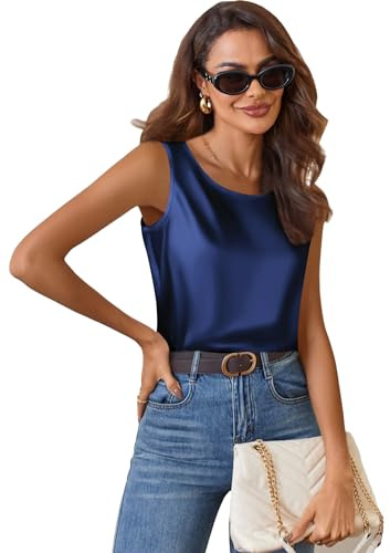 Zeagoo Top in Raso da Donna Elegante Canotta di Seta Basic Blusa con Scollo Rotondo Top Casual Senza Maniche Blu Navy L