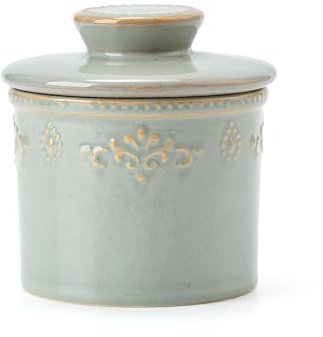 XELA Butter Crock - French Butter Dish to Leave On Counter, Hand-molded Relief Butter Keeper for Fresh&Spreadable Butter - Vintage Turquoise