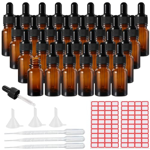 LOSYHU 30PCS 10ml Amber Glass Dropper Bottles, Brown Glass Bottle with Dropper Pipette 0.35 oz Empty Pipette Dropper Bottles Refillable for Essential Oils Perfumes Liquids