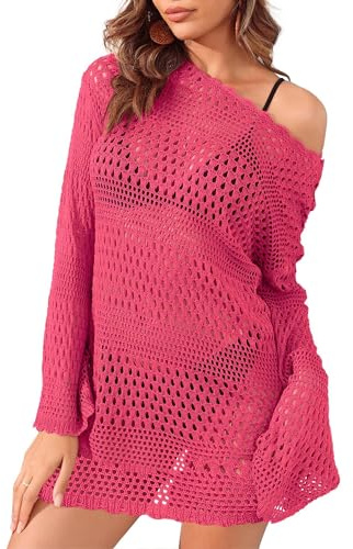 Jhsnjnr Strandklänningar damer sommar långärmad rund hals urholkning semester stickad klänning sexig virkning baddräkt bikini cover up, Rosaröd, M