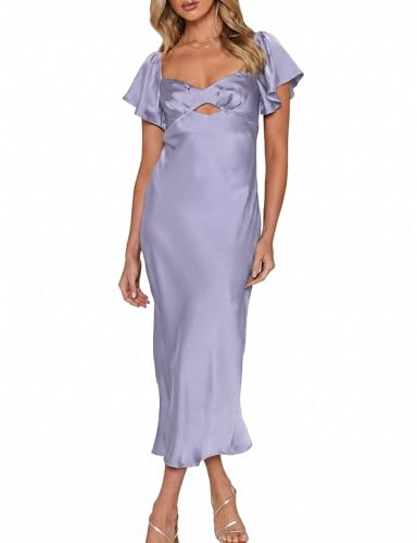 Abiti da sera in raso estivi con maniche svolazzanti per ospiti di nozze da donna, scollo a cuore, scollatura con laccetti, abito midi da cocktail, Lilla, L