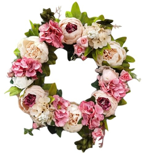 Spring Summer Flower Wreaths,Floral Hydrangea Peony Wreath,Artificial Eucalyptus Green Leaves Farmhouse Wreaths,Decorated Wreath Peony for Front Door Wall Window Wedding Party Decoration(Champagne)