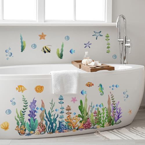 Runtoo Under The Sea väggdekaler korallrev och sjögräs väggklistermärken varelse havsliv fisk hav gräs väggdekor för badrum barn sovrum baby barnkammare