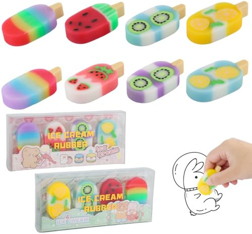 8 Pièces Gomme Enfant, Gomme Pastel Saveur Fruit avec Motif Fruits, Gommes Colorées pour Enfant avec Formes de Glaces, Gommes de Fruits pour Enfants Écrire, Dessiner
