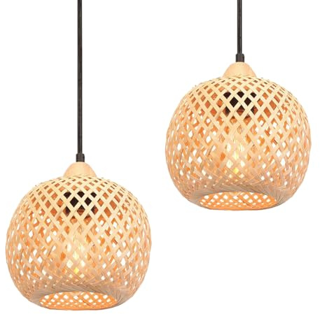 TOKTOP Lampade A Sospensione in Bambù Naturale, 2 Pack Sospensione Tessitura di Rattan Lampadario Retro Plafoniera Altezza Regolabile per Soggiorno Camera Corridoio, 20CM