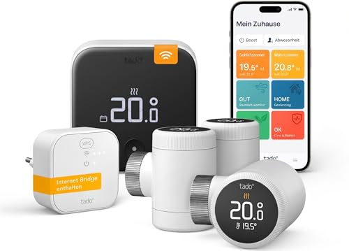 tado° Smartes Heizkörperthermostat X – Starter Kit mit Bridge X, Trio Pack & Funk-Temperatursensor, Heizungssteuerung per App und Smart Speaker (Alexa, Siri, Google Assistant), Energie sparen, DIY
