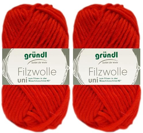 2x50 Gramm Gründl Filzwolle Uni aus 100% reiner Schurwolle inkl. Anleitung für Topflappen (09 Signalrot)