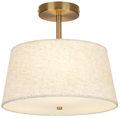 CALOKES Cone-Shaped Semi Flush Mount Modern Ceiling Light Fixture, 3-Light Drum Lamp with Gold Brass Finish and Beige Fabric Shade for Bedroom, Kitchen, Dining Room, Hallway, Entryway, and Foyer