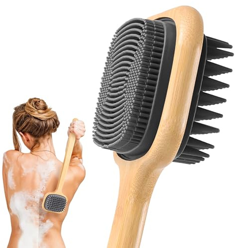 Rückenbürste für die Dusche, 43 cm Zweiseitige Silikon-Borsten Duschbürste für den Körper, Verdickter Bambusgriff, Wandmontage, Für Bad, Massage, Juckreizlinderung, Geschenkidee für Körperpflege