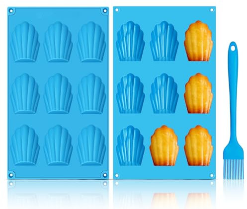 GlasFlength Moule Madeleine Silicone, Lot de 2 Moule a Madeleine 9 Cavités Moule Antiadhésif en Forme de Coquille avec Brosse en Silicone pour Biscuits Chocolat Bonbons Pudding Gâteau (Bleu)